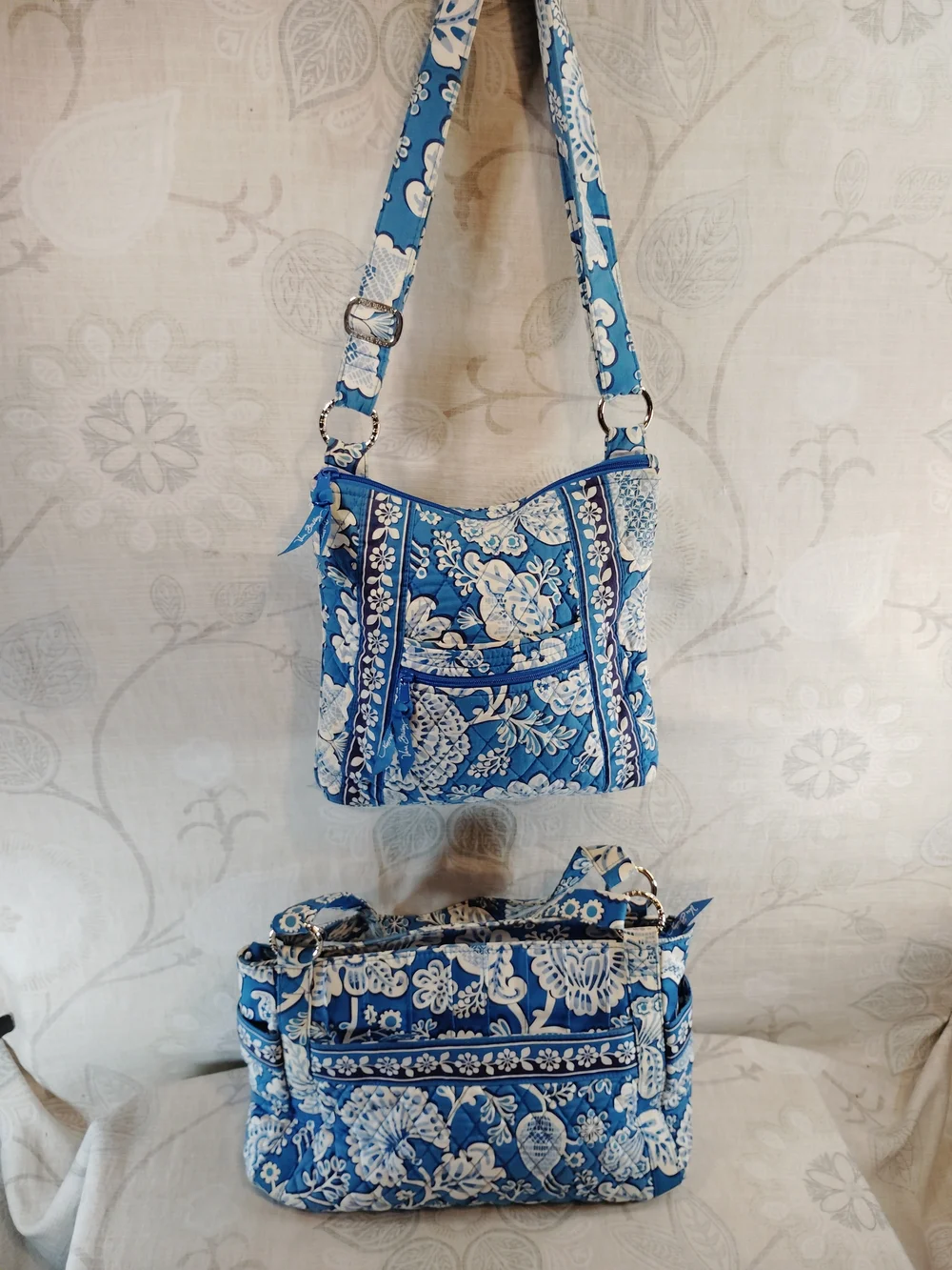 Vera Bradley 2pc  Blue and White Floral Quilted Crossbody & Shoulder Bag Set